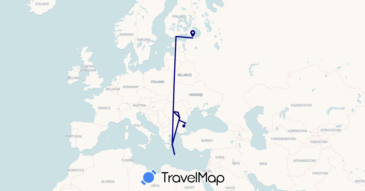 TravelMap itinerary: driving in Bulgaria, Finland, Greece, Romania, Russia (Europe)